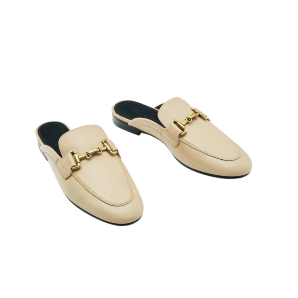 Massimo Dutti Beige Leather Horsebit Backless Loafers